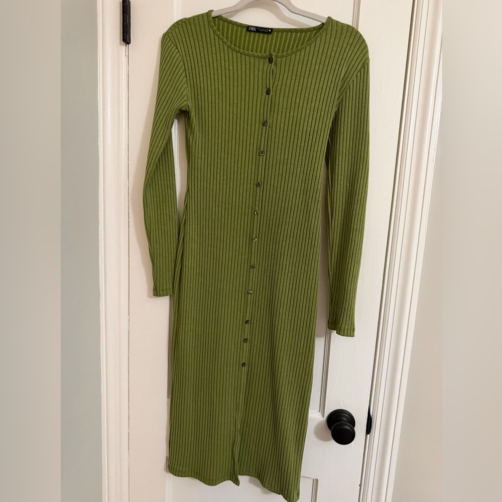 Zara Olive Long Sleeve Ribbed Dress